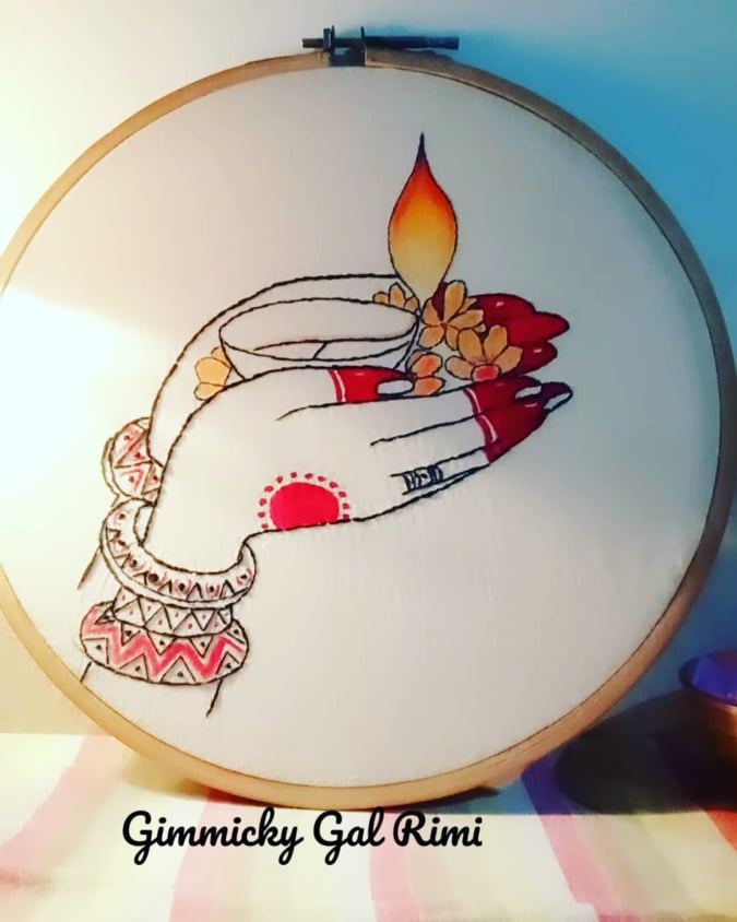 Hands with Diya | Embroidery Hoop