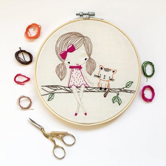 Girl with kitty | Embroidery Hoop