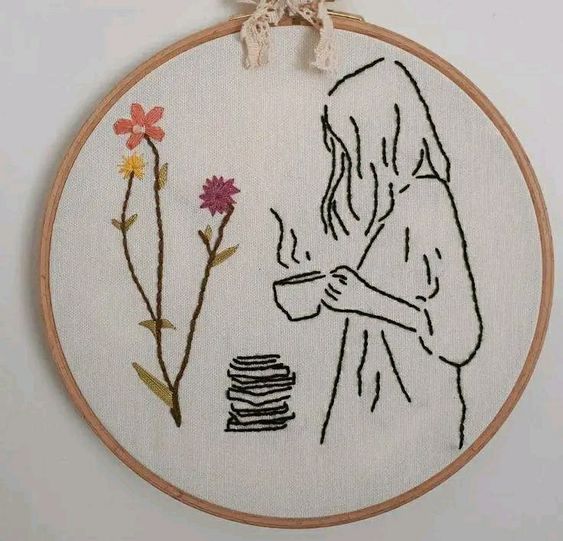 Girl with Coffee | Embroidery Hoop
