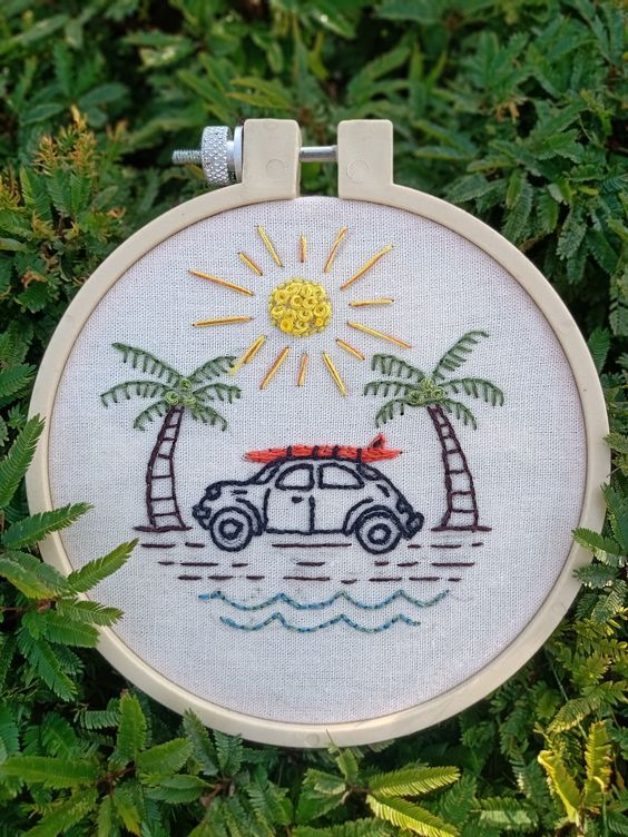 Car on the Beach | Embroidery Hoop