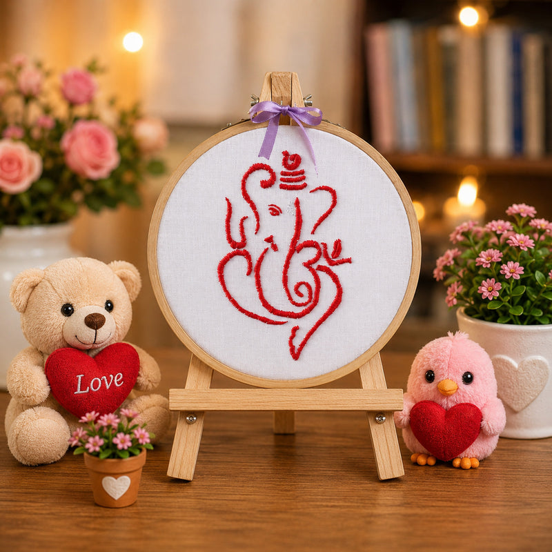 Handmade Red Lord Ganesha Embroidery Hoop – Minimalist Ganpati Décor