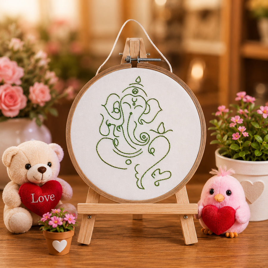 Minimalist Green Lord Ganesha Embroidery Hoop – Handmade Spiritual Wall Décor