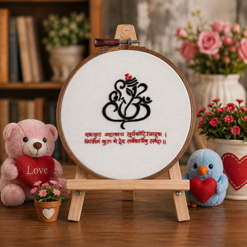 Lord Ganesha Embroidery Hoop with Sanskrit Mantra – Handmade Spiritual Décor