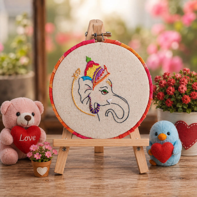 Handmade Colorful Lord Ganesha Embroidery Hoop – Artistic Ganpati Décor