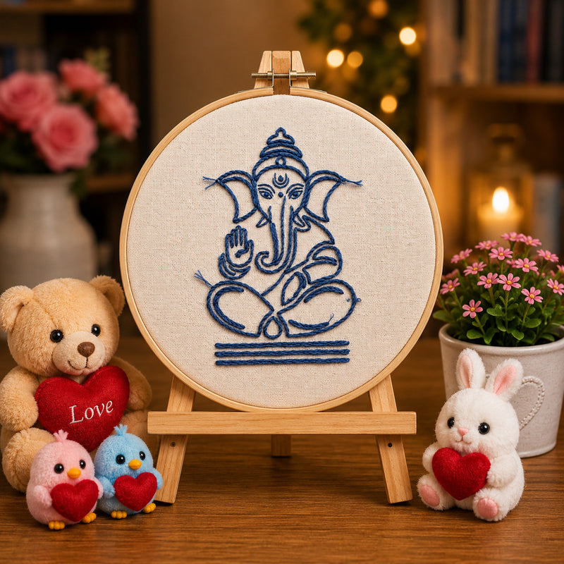 Handcrafted Lord Ganesha Embroidery Hoop – Blue Thread Art