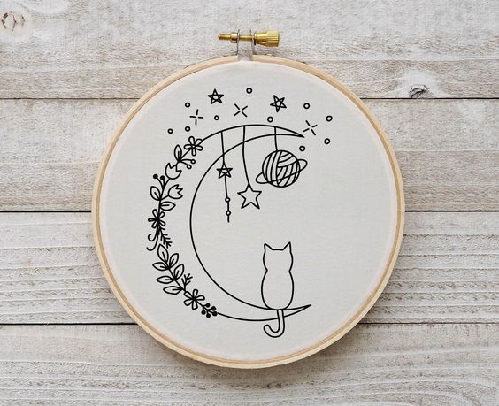 Moon with Cat | Embroidery Hoop